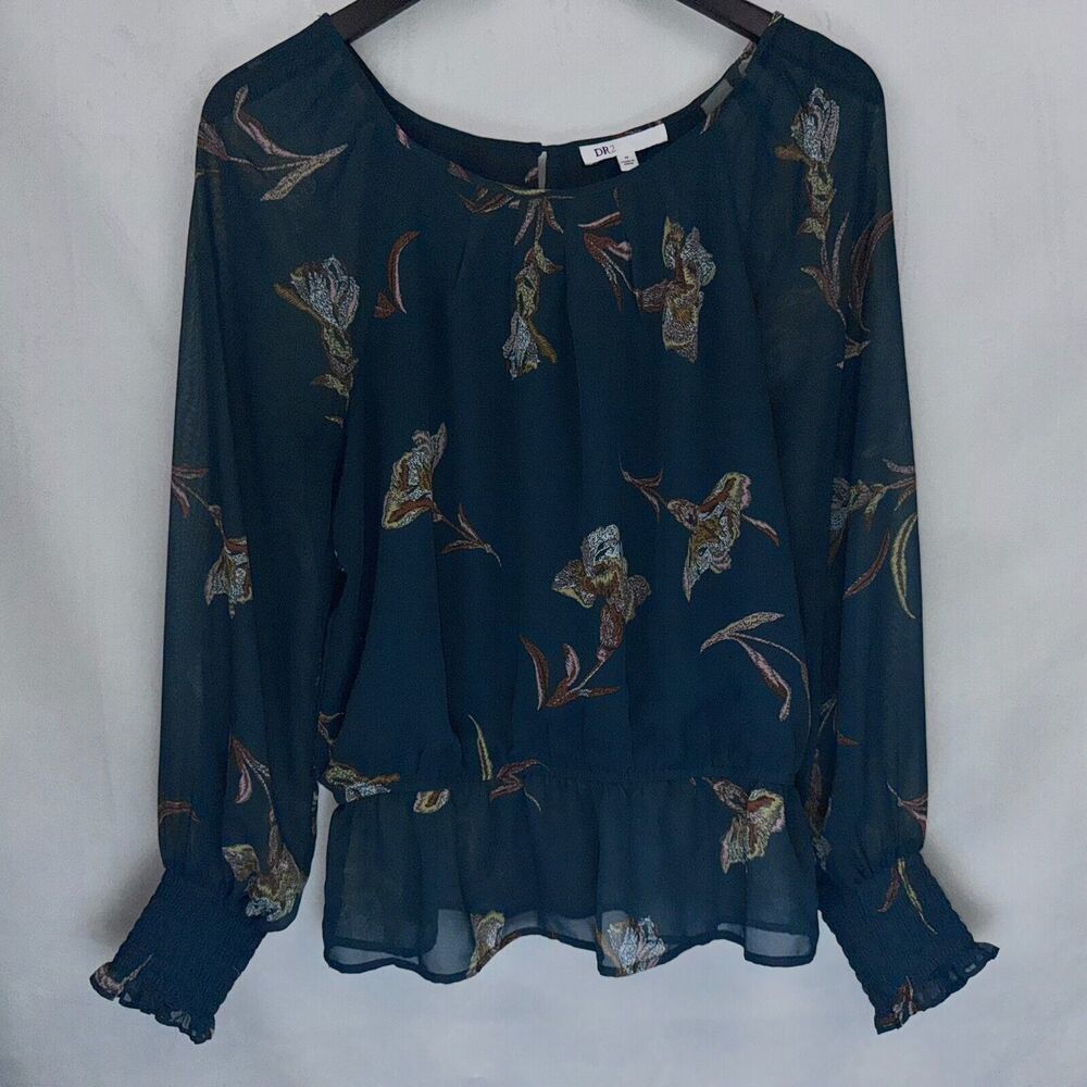 Dr 2 Ladies M Green Floral Peasant Blouse Long Sleeve Elastic Waist Cuff Lined